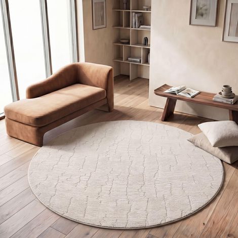 Shaggy Tapis Chambre Haut Poil Bohème Scandi Abstrait Unis Lavable Geometrique, Crème 5, 120 cm Rond (1/5)