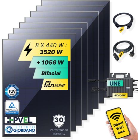 ROBINSUN®️ Kit Solar Enchufable Performance Basic (Sin Fijaciones) 3.520Wp, 8 paneles QN 440Wp + 4 Microinversores 800W con Wifi incluído + Cable 3m