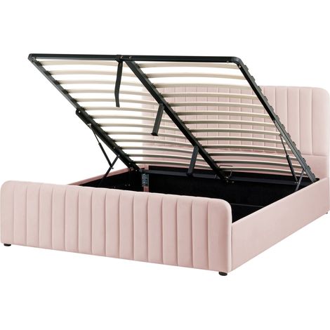 Ottoman Bed Pastel Pink Fabric Upholstered EU King Size With Headboard and Footboard Lift- Up Storage LUNAN (1/5)