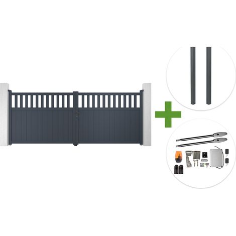Portail battant 4m SANTIS H.140cm aluminium gris + 2 poteaux ELDA aluminium gris 15x15cm + motorisation Tanker B250 (1/5)