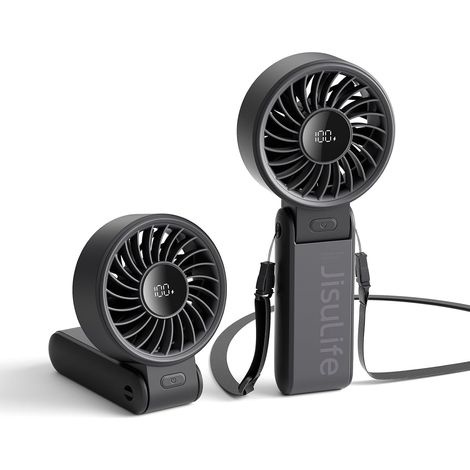 Ventilador portátil de mano con pantalla LED [19,5 horas de enfriamiento máximo] 5000 mAh, plegado a 150°, 5 velocidades, cordón ventilador 3 en 1 para mano, escritorio y cuello - Negro (1/5)