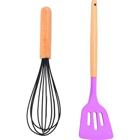 Ensemble Ustensiles Cuisine - Silicone Et Bois Naturel - Résistant Chaleur Pour Poêles Antiadhésives - Lot De 2 Pièces (1/5)