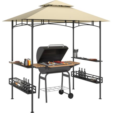 Grill-Zelt, BBQ-Zelt, Gartenpavillon mit 2 Regalen, Aufbewahrungskörbe, Haken, für Terrasse, Beige