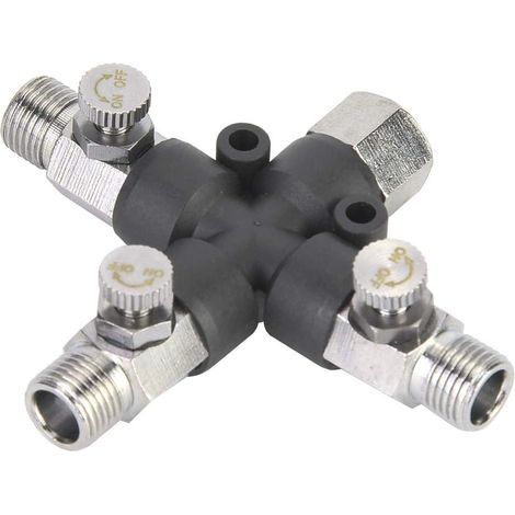 Divisor de manguera de aire metálico de tres vías ajustable para aerógrafo y minicompresor de aire, conector de aerógrafo de tres vías de 1/8 con volumen de gas ajustable (1/5)