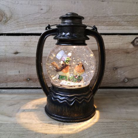20cm Dual Power LED Christmas Glitter Water Spinner Antique Lantern Robin Scene (1/5)
