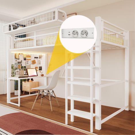 Lit mezzanine en métal 90x200 cm, lit enfant, avec bureau, panier de rangement amovible, éclairage LED et prise électrique, blanc (1/5)