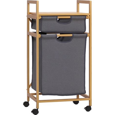 Beyamis Wäschekorb aus Bambusfaser mit 2 herausnehmbaren Stoffbeuteln und 4 Rollen, 42 x 35 x 84,5 cm, Grau