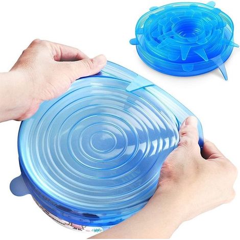 Set di coperchi elastici in silicone. Mantiene il cibo fresco. Chiusura ermetica. 6 misure. Blu. (1/5)