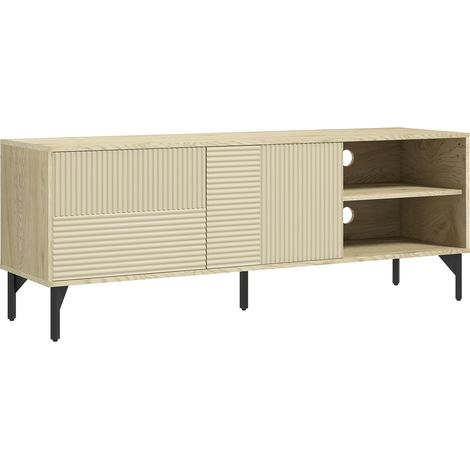 Mobile porta TV per televisori fino a 65 pollici, 2 ripiani, 2 fori passacavi e 1 vano contenitore, 2 ante, gambe in acciaio, 150 x 40 x 56 cm, giallo/nero