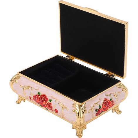 Boîte à bijoux vintage, motif roses vintage en relief, alliage de zinc, velours doux, couleurs vives, finition brillante et sécurisée, petite boîte à bijoux, roses dorées, blanches et rouges (1/5)