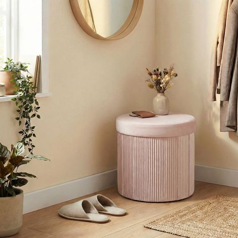 Panca contenitore, contenitore pieghevole, 35 litri, 38x38x38 cm, rivestimento in velluto, cassapanca rotonda rosa