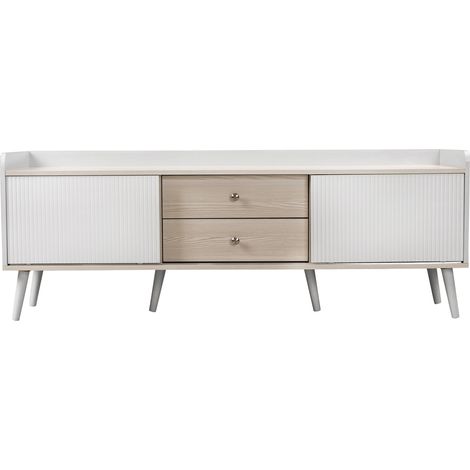 Meuble TV avec deux tiroirs et portes coulissantes, bois clair et blanc, 160x40x58 cm (1/5)