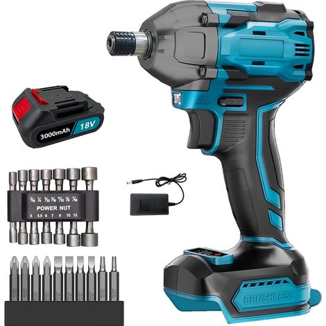 Teetok – Visseuse à chocs sans fil 18V – Couple 420N.m – 1 batterie 3.0Ah avec chargeur – 10 embouts et 14 douilles – Compatible Makita