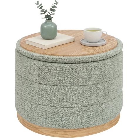 Pouf avec espace de rangement et plateau de table, rond, pliable, pour salon, chambre à coucher, couloir, chenille, socle en cuir synthétique grain de bois, vert, 58 x 58 x 44 cm (1/5)