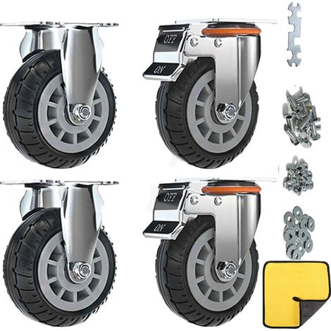 Roulettes avec double serrure de sécurité, set de 4, charge maximale 2000lbs, pour chariots, meubles, tables de travail (Noir, 13cm/5", 2 Roues fixes+2 Roulettes avec frein) (1/5)