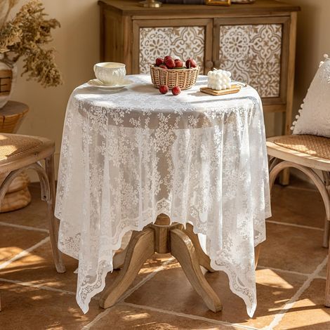 Tovaglia rotonda in pizzo 140 cm - ricamo vintage con motivo floreale (140 x 140 cm, bianca) (1/5)