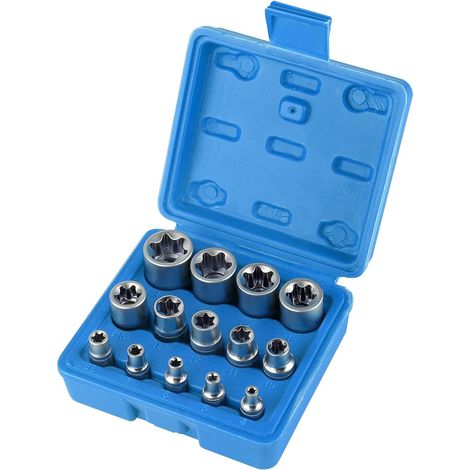 Sollbry Coffret Douille Torx Femelle 1/4" 3/8" 1/2", Douille de Profilés E Torx E4, E5, E6, E7, E8, E10, E11, E12, E14, E16, E18, E20, E22, E24 avec Boîte Bleue (1/5)