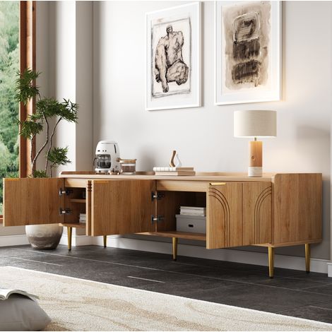Mobile TV 170x35x47.5 cm naturale in MDF con ante scolpite 3D, maniglie dorate e passacavi (1/5)