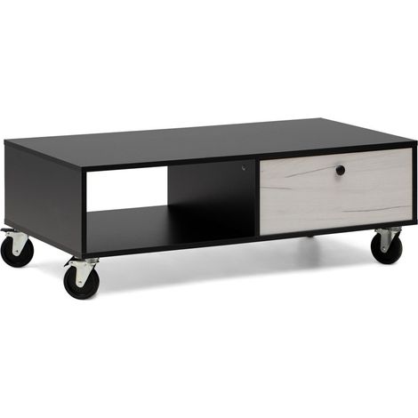 Mesa de Centro 110x55x38 negro y gris, con cajón, balda abierta y ruedas industriales (1/5)