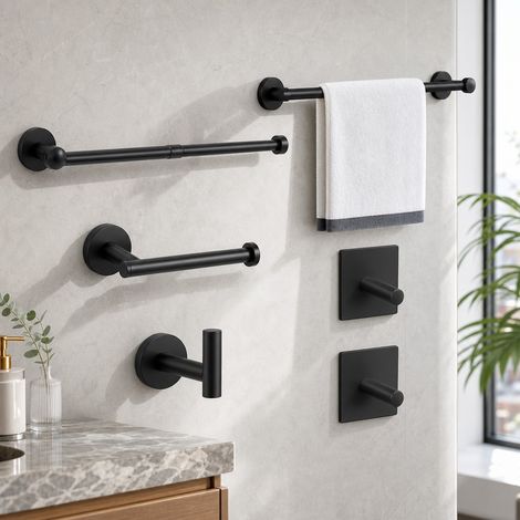 Porte-serviettes Noir 37 cm Inox 304 - Barre Serviette de Salle de Bain Sans Percage, Fixation Murale Simple, Resiste a l'Eau et a la Rouille (1/4)