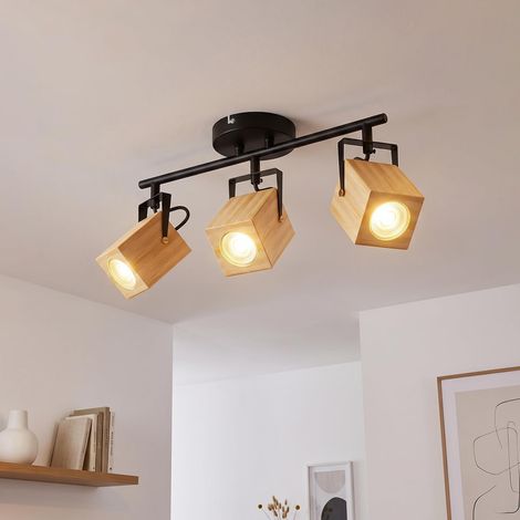 Plafonnier 3 Spots en Bois Massif et Métal Noir, Lampe de Plafond Orientable à Douille GU10, Lustre Moderne et Scandinave pour Salon, Cuisine et Entrée (Ampoules GU10 Non Incluses) (1/5)