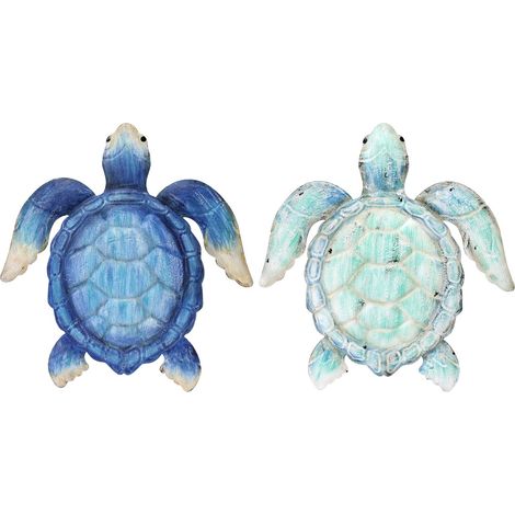Schildkrötenfigur aus blauem und grünem Metall – Maritime Wohndekoration