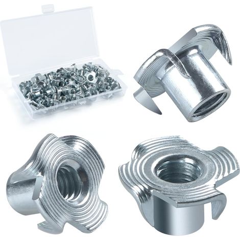 Écrou en T Inserts Acier Fileté M8 x 11 mm, 50 Pièces Écrous à Griffes T en Acier au Carbone Zingué, Écrous Éntraînement Insert, D'éCrous en T à Dents Quatre Pour Meubles de Menuiserie (1/5)
