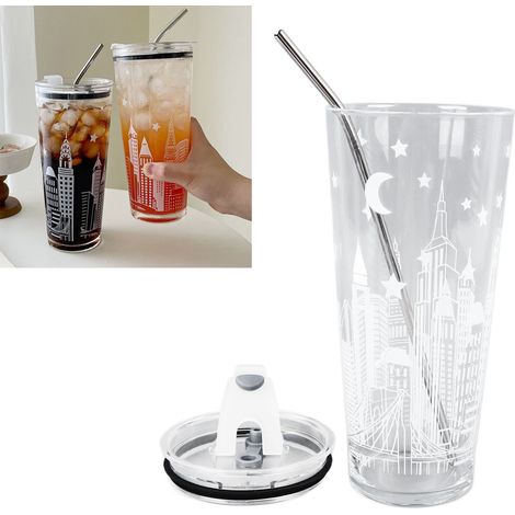 Großer (1 Liter) Weithalsbecher aus hitzebeständigem Borosilikatglas, ideal für Säfte und Milch, mit Deckel, perfekt fürs Studentenwohnheim. Urbanes Becher-Set. (1/4)