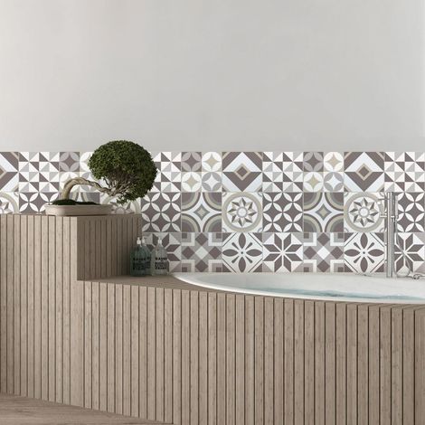 Sticker adhésifs carrelages Sticker Autocollant Carreaux de Ciment - Mosaïque carrelage mural salle de Bain et Cuisine Carreaux de Ciment Adhésif Mural - Tuiles 20 x 20 cm - 9 Pièces (1/4)