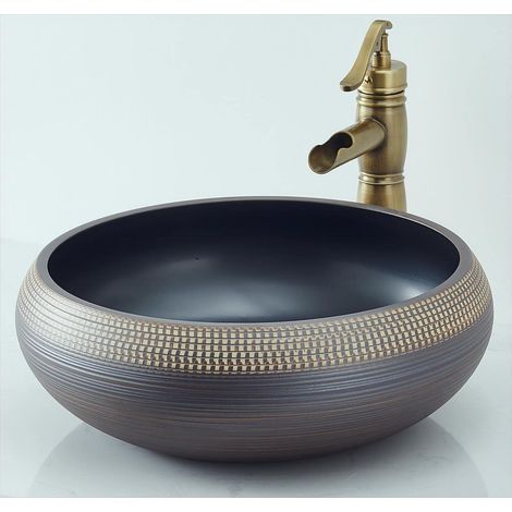 Vasque ronde de 16 pouces, lavabo supérieur noir et marron, WC et salle de bain en porcelaine céramique, art du bassin. (1/5)
