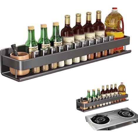 Porte Epice Mural Étagère à Épices de Cuisine 50CM Support Organisateur Aluminium, Noir (1/5)