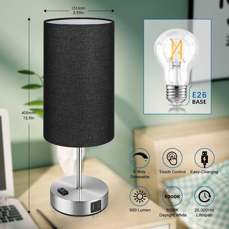 Lampe de table avec abat-jour en tissu noir, variateur tactile à trois positions et deux ports USB - ampoule incluse - convient aux salons, chambres, bureaux et entrées