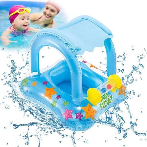 Anneau De Bain - Pour Bebe - Gonflable Avec Dossier Et Auvent - En Pvc Ecologique - Bleu - 1 Unite (1/4)