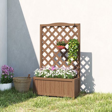 Macetero con enrejado, jardinera, para plantas trepadoras, hortalizas, flores, de madera maciza, 70x28x117cm, marrón oscuro.