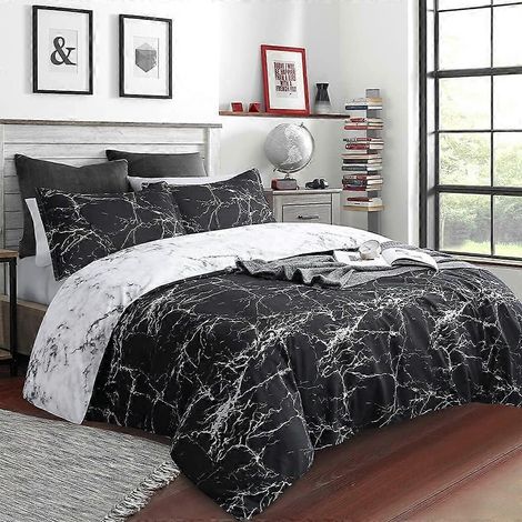 Housse de couette 220 x 240 cm + 2 taies d'oreiller 65 x 65 cm - Parure de lit réversible en marbre noir et blanc pour 2 personnes (adulte) avec fermeture éclair (1/5)