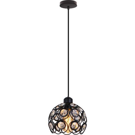 Crystal Pendant Light, Vintage Industrial Metal Hanging Ceiling Lamp, Luxurious Chandelier with Ø20cm Cage Lampshade for Living Room Kitchen Island (Black)