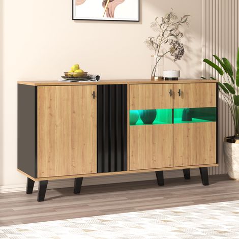 Buffet Sideboard Design Bois et Noir 3 Portes avec Éclairage LED et Verre 140x41x78,5cm (1/5)