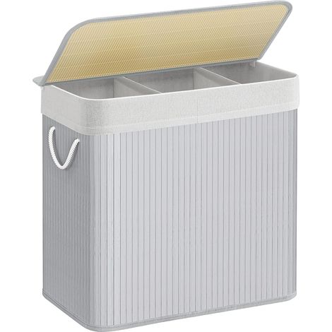 Songmics – Panier à linge sale 3 compartiments 150L – Couvercle avec scratchs – Poignées en coton – Pliable – Bambou et coton – LCB091G01
