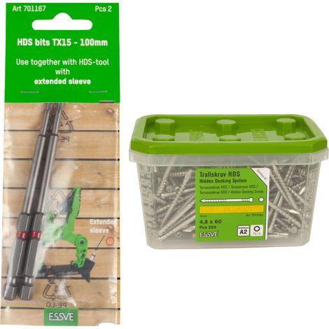 Tornillos para terrazas ESSVE HDS PRO de acero A2, 4,8 x 60 mm, 250 unidades + puntas TX de 15 x 100 mm (x2) (1/5)
