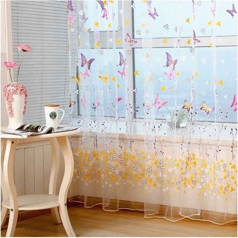 Rideaux papillon 100 x 270 cm pour chambre à coucher,Rideaux transparents en tulle,Rideau décoratif fenêtre,Voilages blancs (1 pcs) (1/4)