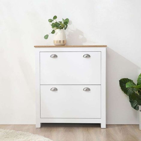 Meuble à chaussures 12 paires, armoire à chaussures étroite avec 2 tiroirs rabattables et étagères réglables, poignées coquilles métal, pour couloir