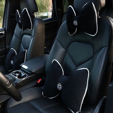 Auto-Kopfstützenkissen mit Schleifenmuster, weicher Plüschbezug, Nackenstütze, elastisches Befestigungsband, schwarz (1/5)