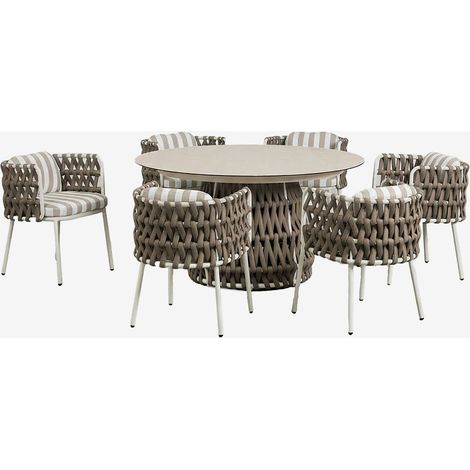Set de mesa redonda Ø140 cm en cerámica y 6 sillas de jardín con reposabrazos en aluminio y cuerda trenzada Tevary SKLUM (1/5)