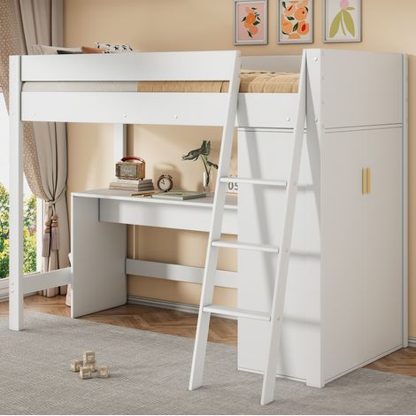 Letto a soppalco per bambini bianco 90x200 cm in legno massello con scrivania, armadio e rete a doghe
