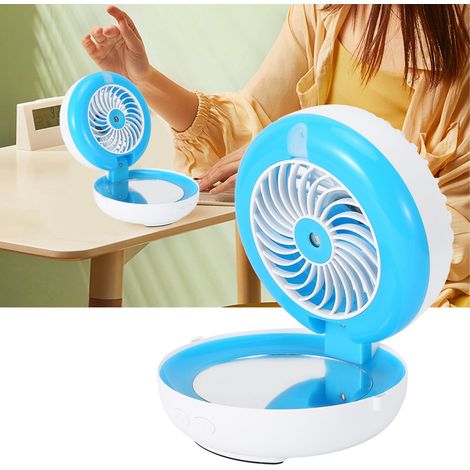 Ventilateur pliable multifonctionnel portable avec miroir de maquillage et humidificateur, rechargeable par USB, bleu (1/5)