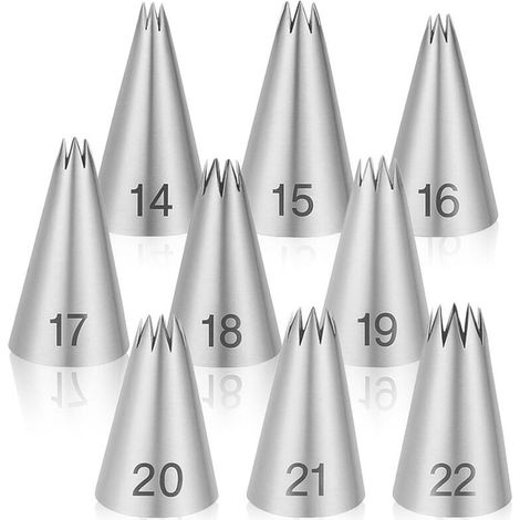 Ensemble de 9 douilles à pâtisserie ouvertes en acier inoxydable en forme d'étoile pour la décoration de gâteaux, tailles 14 à 22 (1/4)