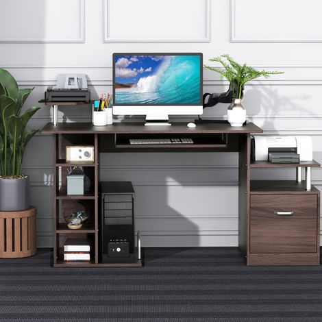 Bureau d'ordinateur en bois avec tiroir et étagère, pour chambre et bureau, meuble de rangement pratique, poste de travail compact, écritoire robuste pour maison et espace pro. (1/5)