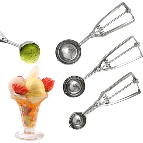 3er-Set Eisportionierer aus Edelstahl mit Auslösemechanismus – verschiedene Größen – für Eiscreme, Kuchenteig, Melone, Kekse, Obst (1/5)