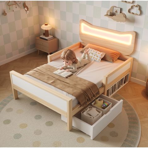 FLORAGRACE Lit enfant 90 x 190 cm en bois blanc avec tête de lit chat, LED RGB, tiroir réversible et rangement latéral, barrière de sécurité (1/5)