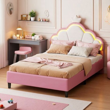Letto bambino - Letto corona rosa 90x200 cm - Testata imbottita in velluto - LED RGB 6000 colori - Altezza regolabile